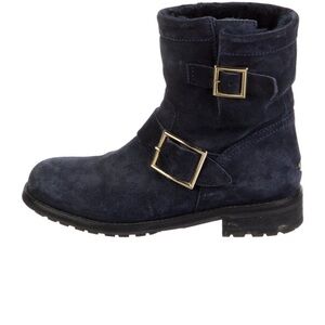 Jimmy Choo Navy Suede Buckle Ankle Boot faux fur lining